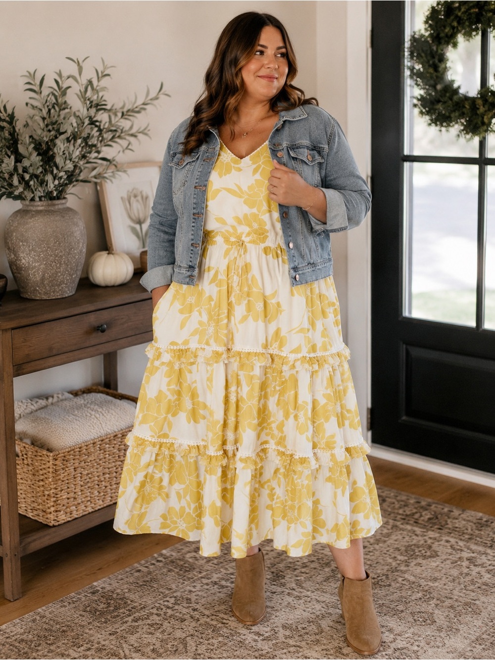 Roz & Ali Size 18 Cotton Floral Tiered Maxi Dress Yellow Plus Size